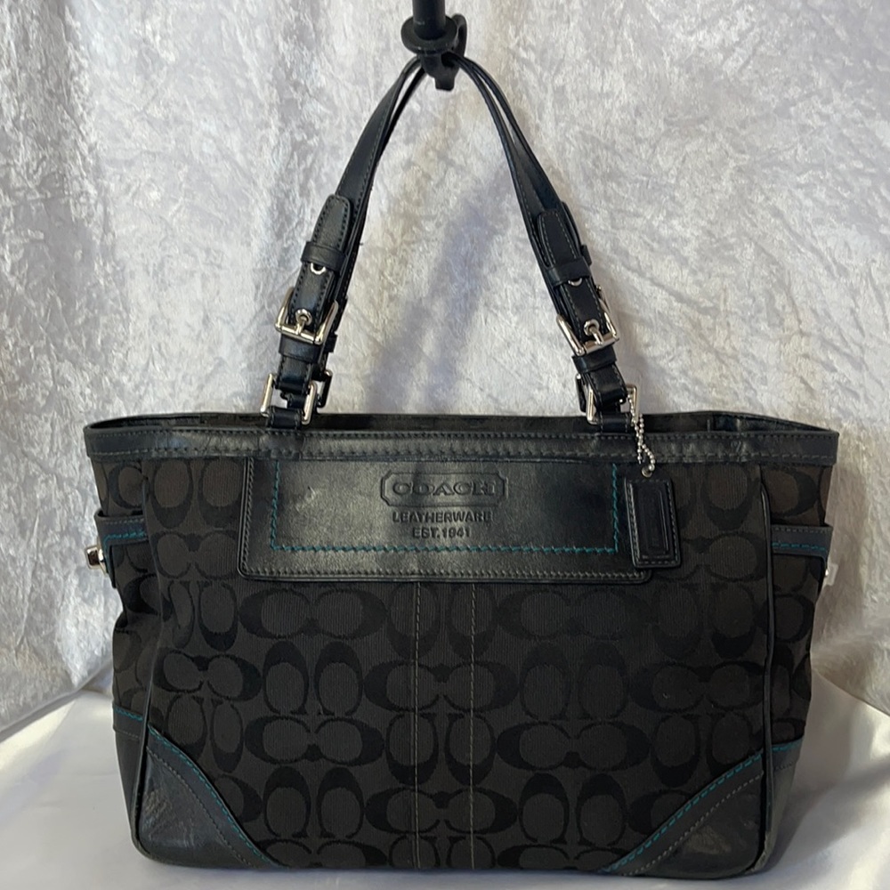 Coach Leatherware Black Leather & Canvas Teal Acc.